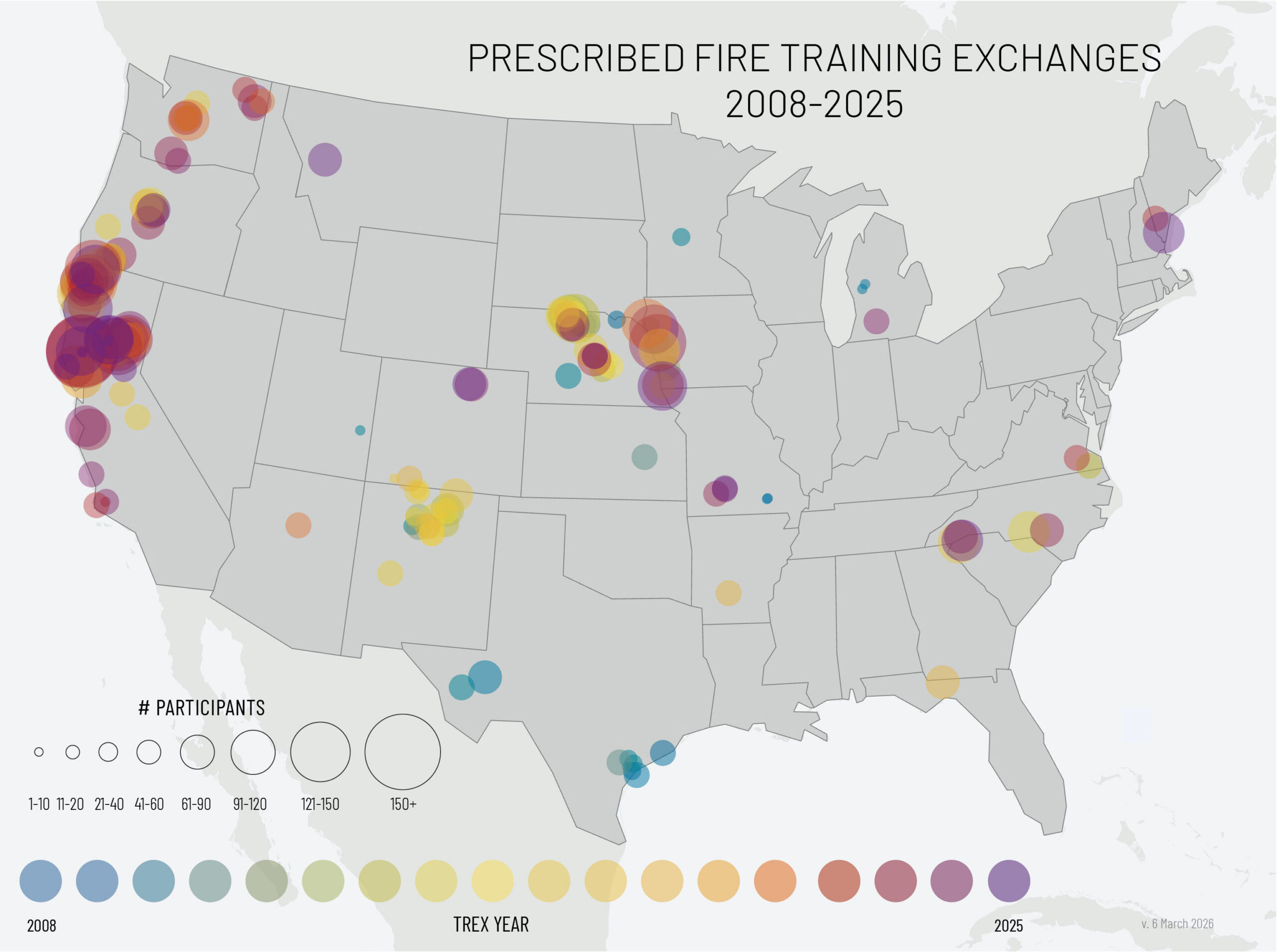 Map showing TREX events 2008-2025