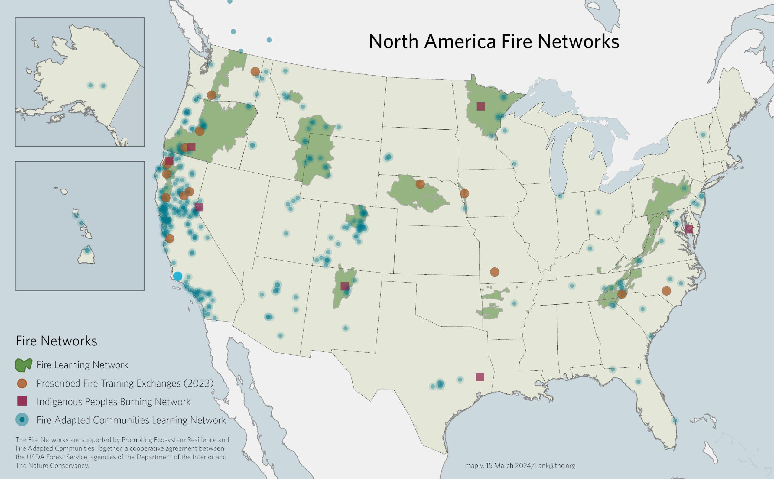 Map showing where current Fire Networks programs touch down in the United States